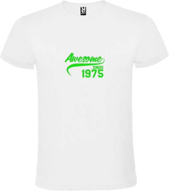 Wit T-Shirt met “Awesome sinds 1975 “ Afbeelding Neon Groen Size L