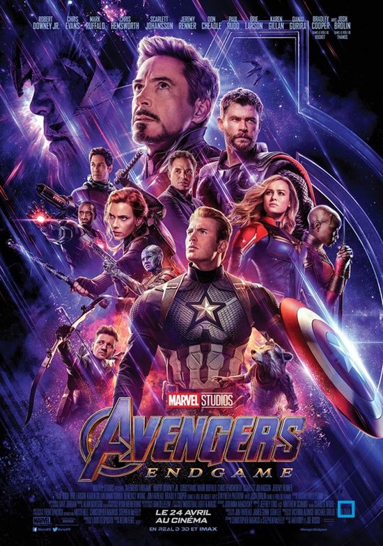 Avengers Endgame filmposter met de acteurs Robert Downey Jr., Chris Evans, Mark Ruffalo, Chris Hemsworth, Scarlett Johansson, Jeremy Renner en Paul Rudd.