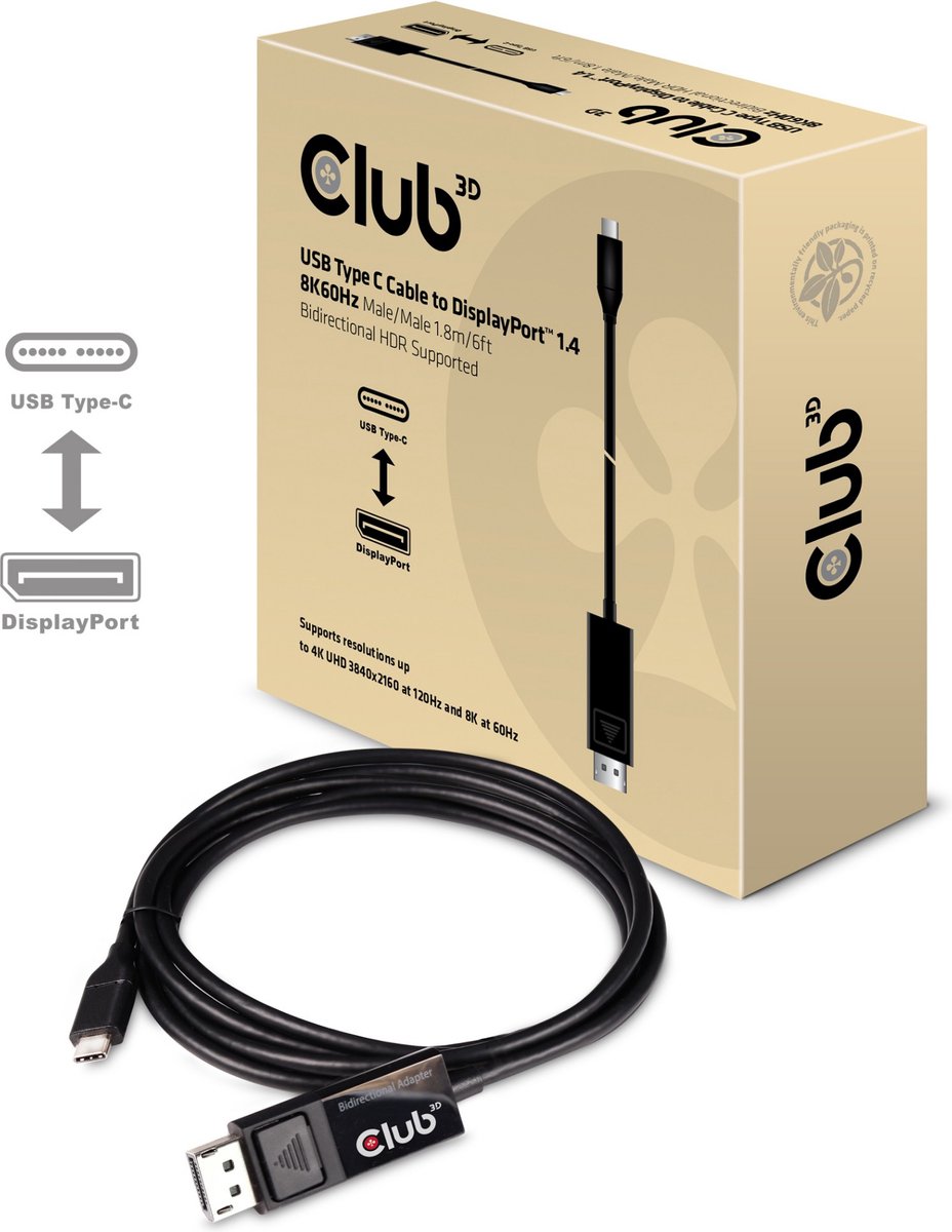 Club 3D USB-C® Kabel naar DP™ 1.4 8K60Hz M/M 1,8m/5,9ft