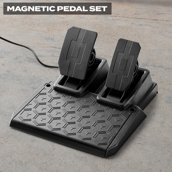 Zwarte pedalen met antislip textuur, een meegeleverde kabel en "MAGNETIC PEDAL SET" tekst.