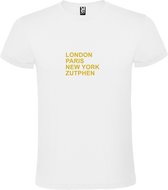 Wit T-Shirt met “ LONDON, PARIS, NEW YORK, ZUTPHEN “ Afbeelding Goud Size XXXL