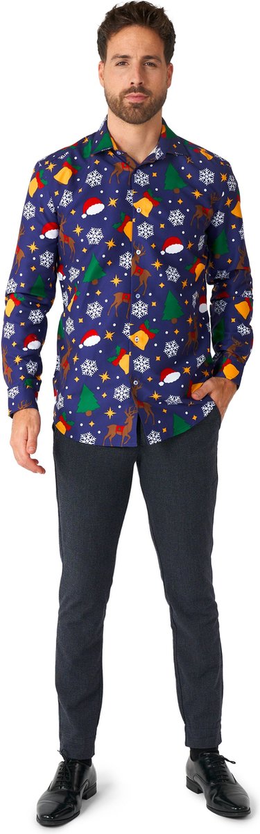 Suitmeister Christmas Icons Blue - Heren Overhemd - Kerstshirt - Blauw - Maat L