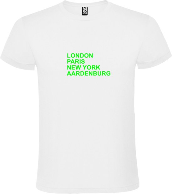 Wit T-Shirt met “ LONDON, PARIS, NEW YORK, AARDENBURG “ Afbeelding Neon Groen Size XXXXL