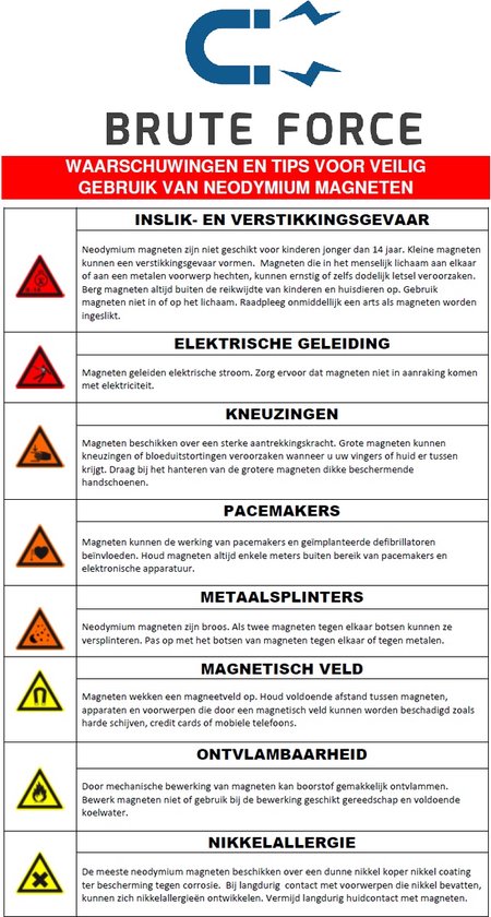 Bruine verpakking met waarschuwingen en tips voor het veilig gebruiken van neodymium magneten, inclusief symbolen.
