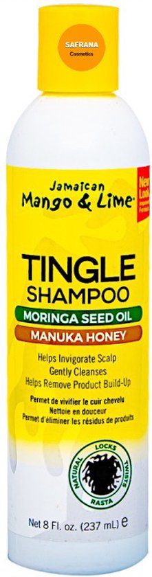 Witte fles met gele dop, met oranje "New Look" sticker en "Jamaican Mango & Lime Tingle Shampoo Moringa Seed Oil Manuka Honey" tekst.