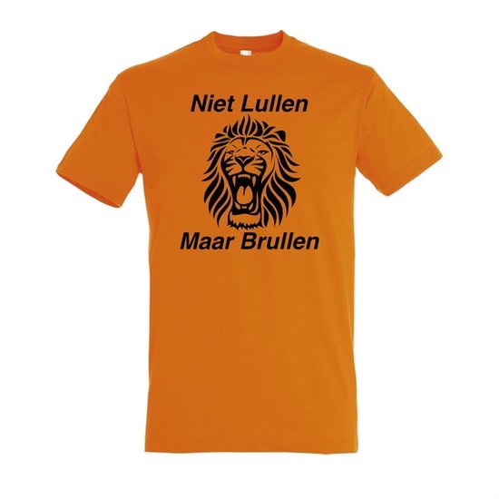 Oranje EK / WK voetbal T-shirt met “ Niet Lullen Maar Brullen “ print Zwart maat L