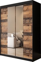 InspireMe - Kledingkast met 2 schuifdeuren, Modern-stijl, Een kledingkast met planken en een spiegel (BxHxD): 150x200x62 - ALTER T1 150 Zwart Mat + Oude Stijl Hout