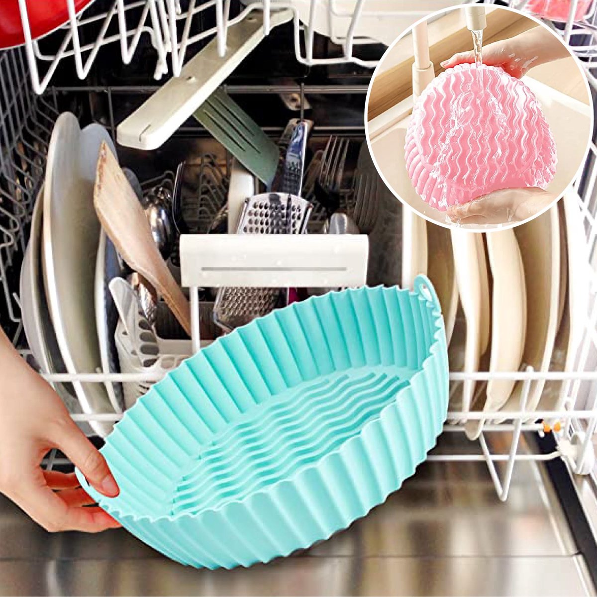 Airfryer Accesoires - Airfryer Siliconen Bakje - Airfryer Bakpapier Alternatief - Bakvorm Airfryer - Herbruikbaar - Set van 2 stuks - 20 cm - Roze - Groen — afbeelding 7