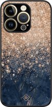 Casimoda® hoesje - Geschikt voor iPhone 14 Pro - Marmer Blauw Rosegoud - Luxe Hard Case Zwart - Backcover telefoonhoesje - Rosekleurig