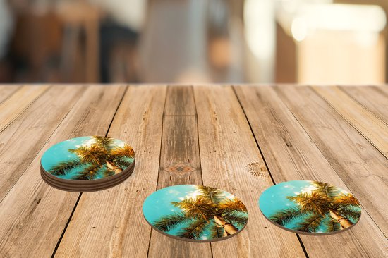 Sous-verres pour verres - Ronds - Palmier - Été - Tropical - 10x10 cm - Sous-verres en verre - 6 pièces