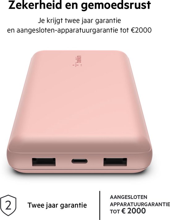 Belkin Boost-Up Charge 20.000 mAh Powerbank  - USB-A naar USB-C-Kabel - 3-Poorts - geschikt voor iPhone - 15W - Roze
