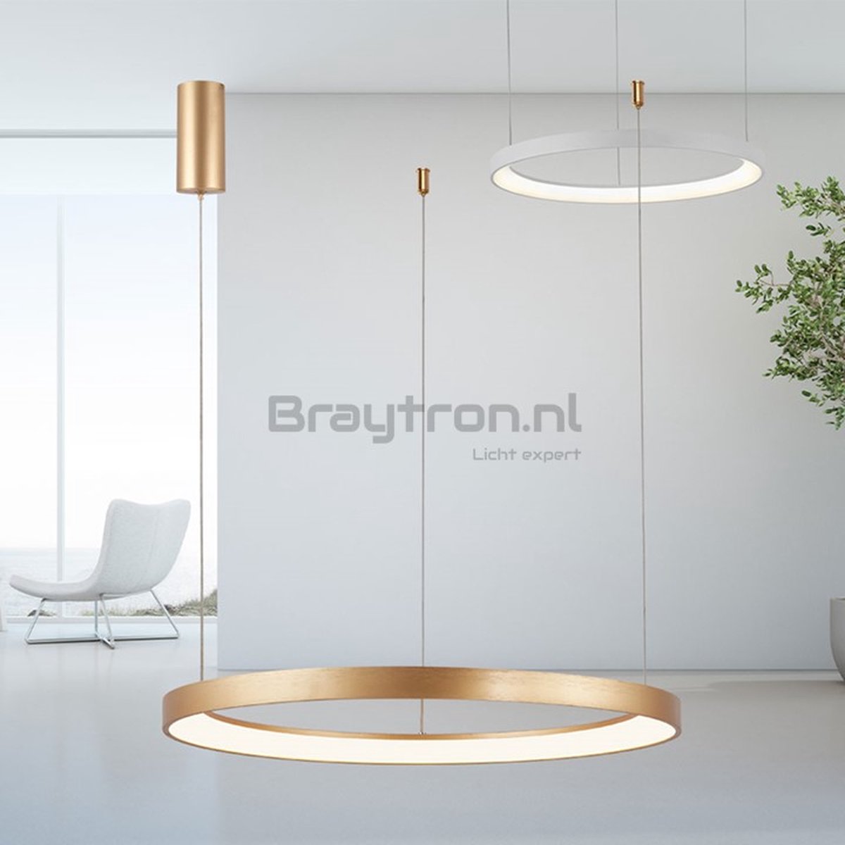 Braytron.nl | Decoratieve LED lamp BELLA | Ø58cm. | Gouden ronde led hanglamp | 46W | 3in1 wit kleuren licht | 3 jaar garantie.