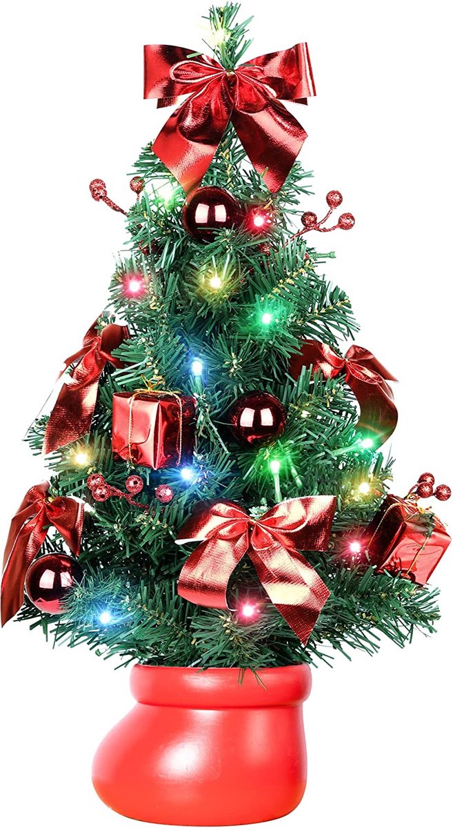 Kunstkerstboom, 50 cm, met warmwitte en meerkleurige lichten en kleine rode ornamenten, perfecte kerstdecoratie voor tafel en bureau, rood