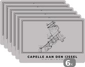 Placemat - Placemats kunststof - Stadskaart – Zwart Wit - Kaart – Capelle aan den IJssel – Nederland – Plattegrond - 45x30 cm - 6 stuks - Hittebestendig - Anti-Slip - Onderlegger - Afneembaar