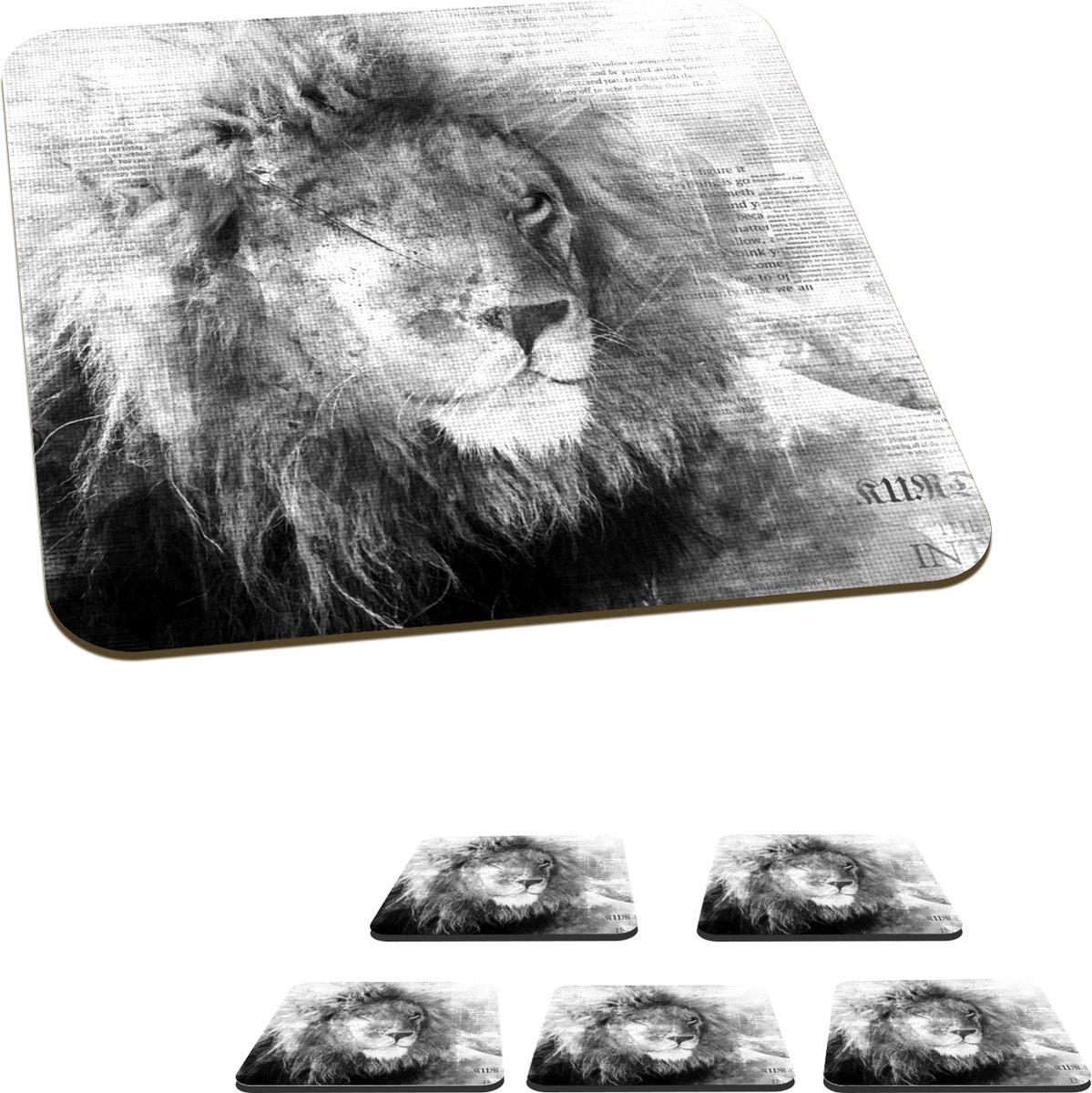 Onderzetters voor glazen - Leeuw - Krant - Zwart - Wit - 10x10 cm - Glasonderzetters - 6 stuks