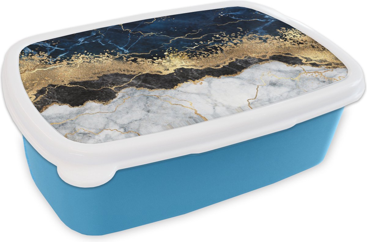 Broodtrommel Blauw - Lunchbox - Brooddoos - Marmer - Wit - Goud - Luxe - 18x12x6 cm - Kinderen - Jongen