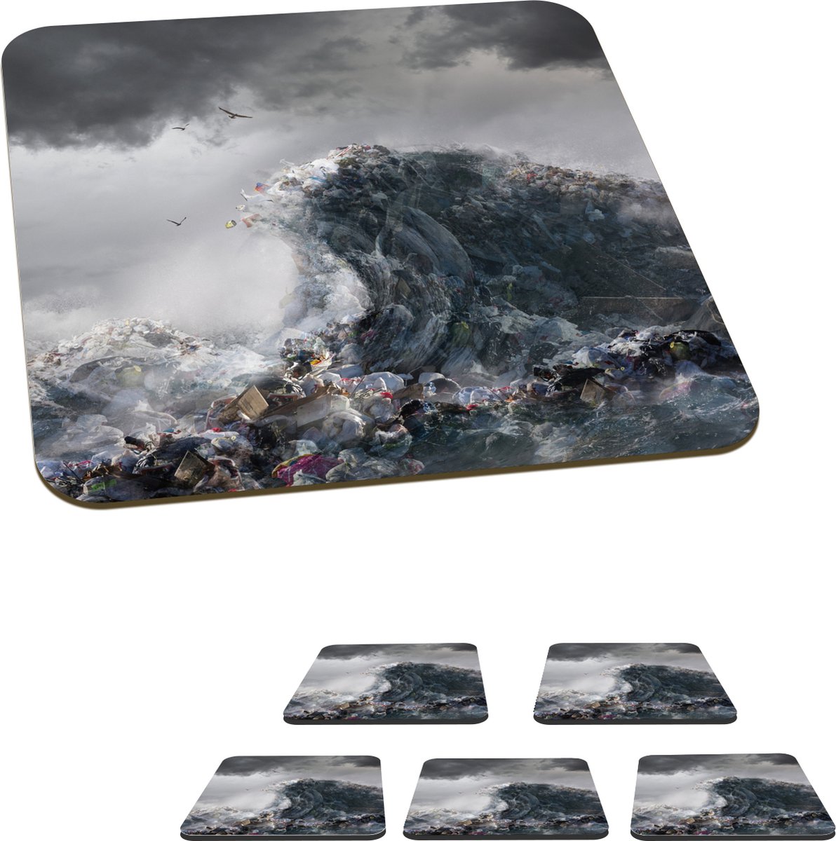 Onderzetters voor glazen - Zee - Golf - Afval - 10x10 cm - Glasonderzetters - 6 stuks