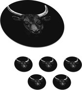 Onderzetters voor glazen - Rond - Dieren - Stier - Zwart - Wit - Portret - 10x10 cm - Glasonderzetters - 6 stuks