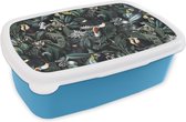 Broodtrommel Blauw - Lunchbox - Brooddoos - Bloemen - Vogel - Toekan - 18x12x6 cm - Kinderen - Jongen