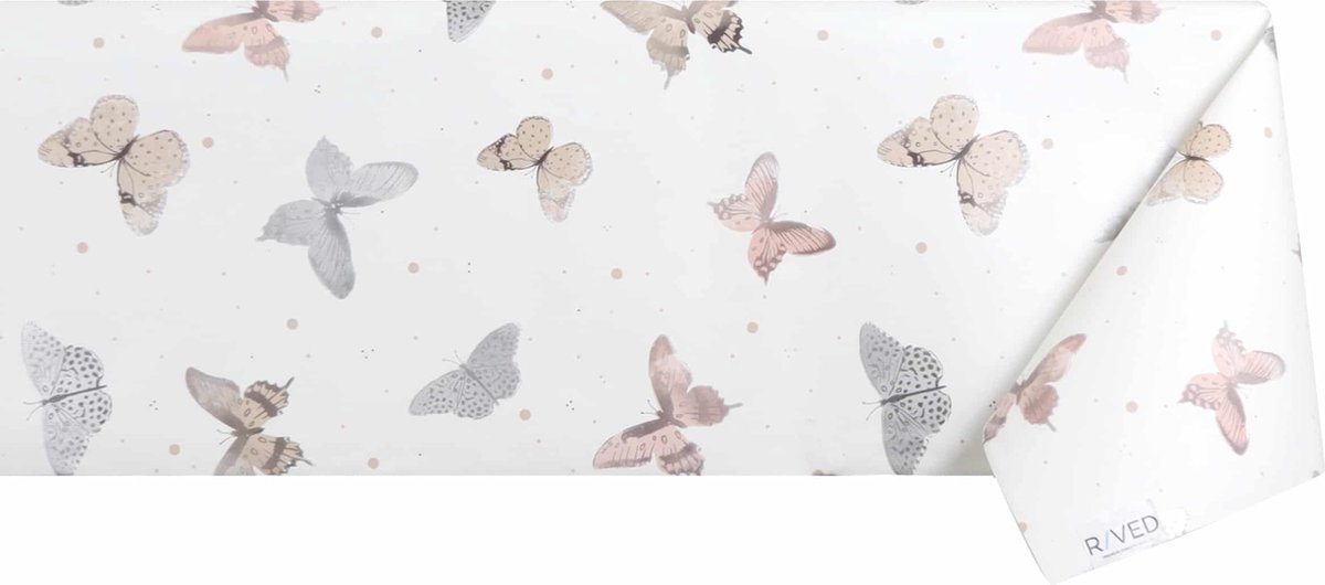 Raved Tafelzeil Dots Met Vlinders 140 cm x 110 cm - Beige - PVC - Afwasbaar