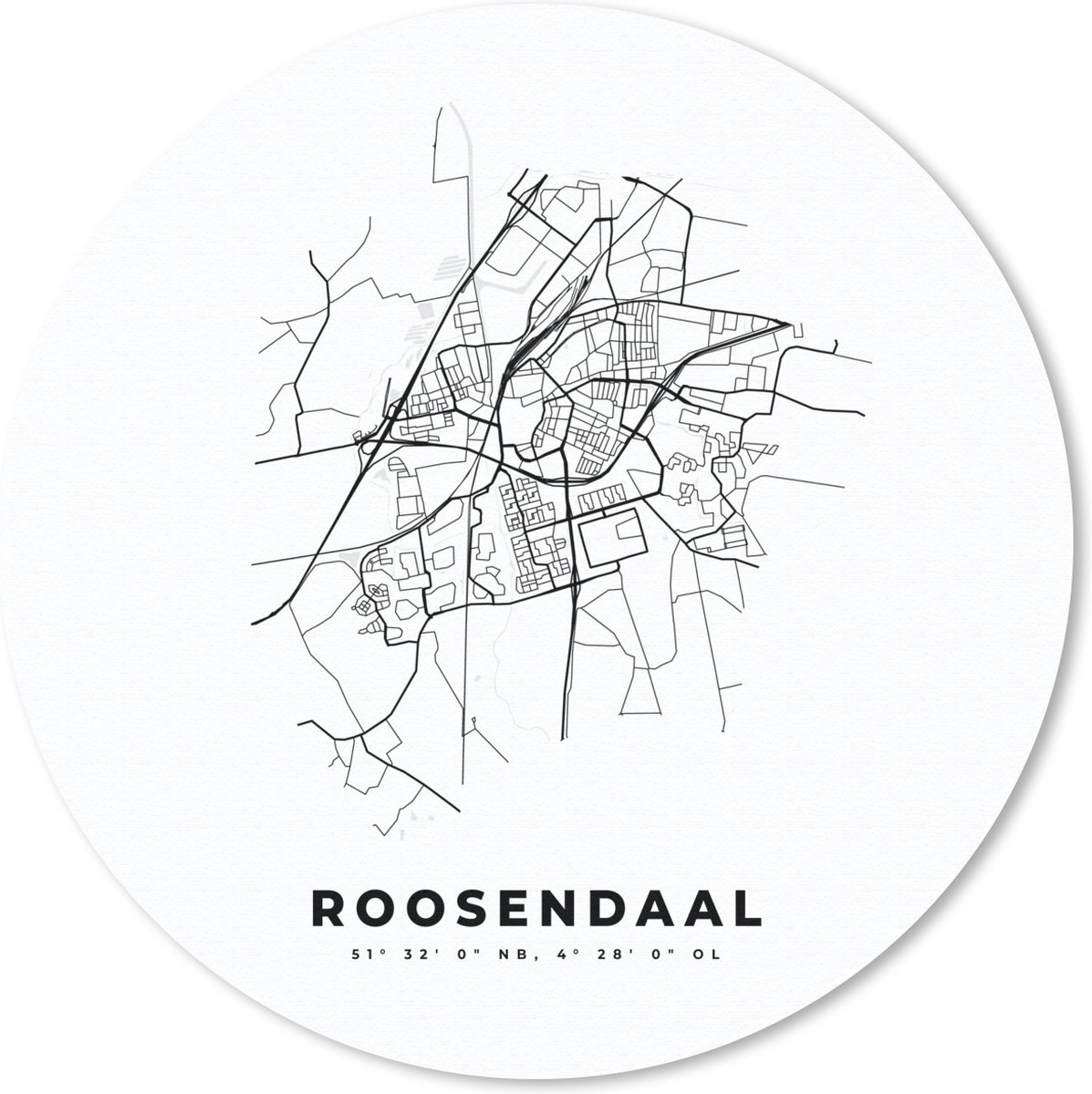 Muismat rond 30x30 cm - Mousepad Plattegrond – Roosendaal – Zwart Wit – Stadskaart - Kaart - Nederland - Ronde muismatten - Stadskaart