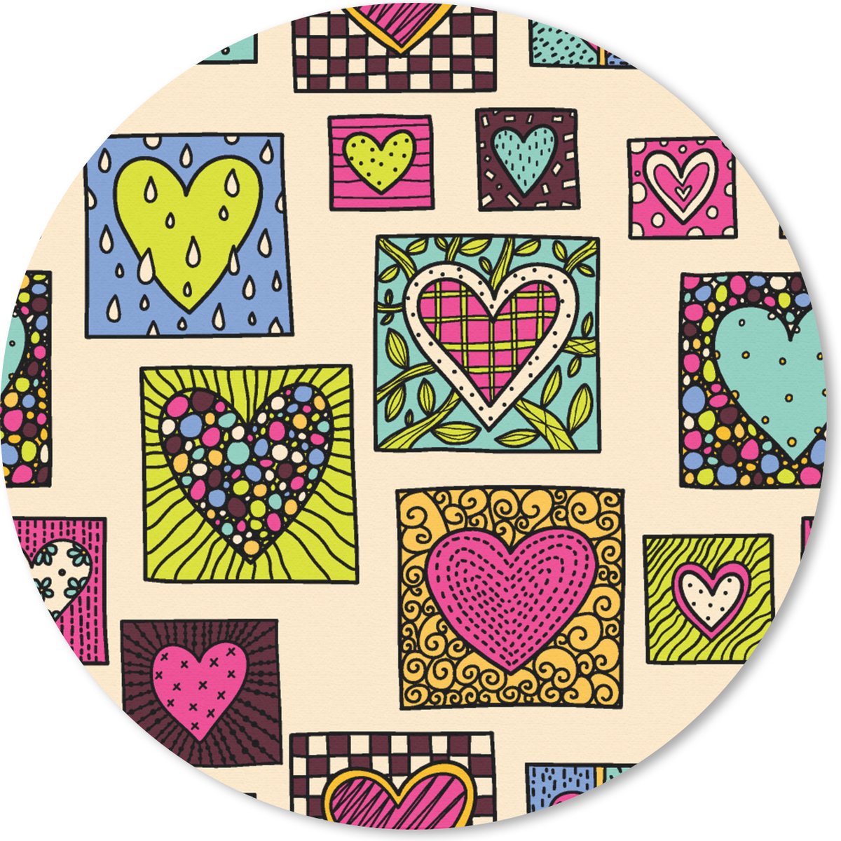 Muismat rond 20x20 cm - Mousepad Bohemian - Hartjes - Doodle - Patronen - Ronde muismatten