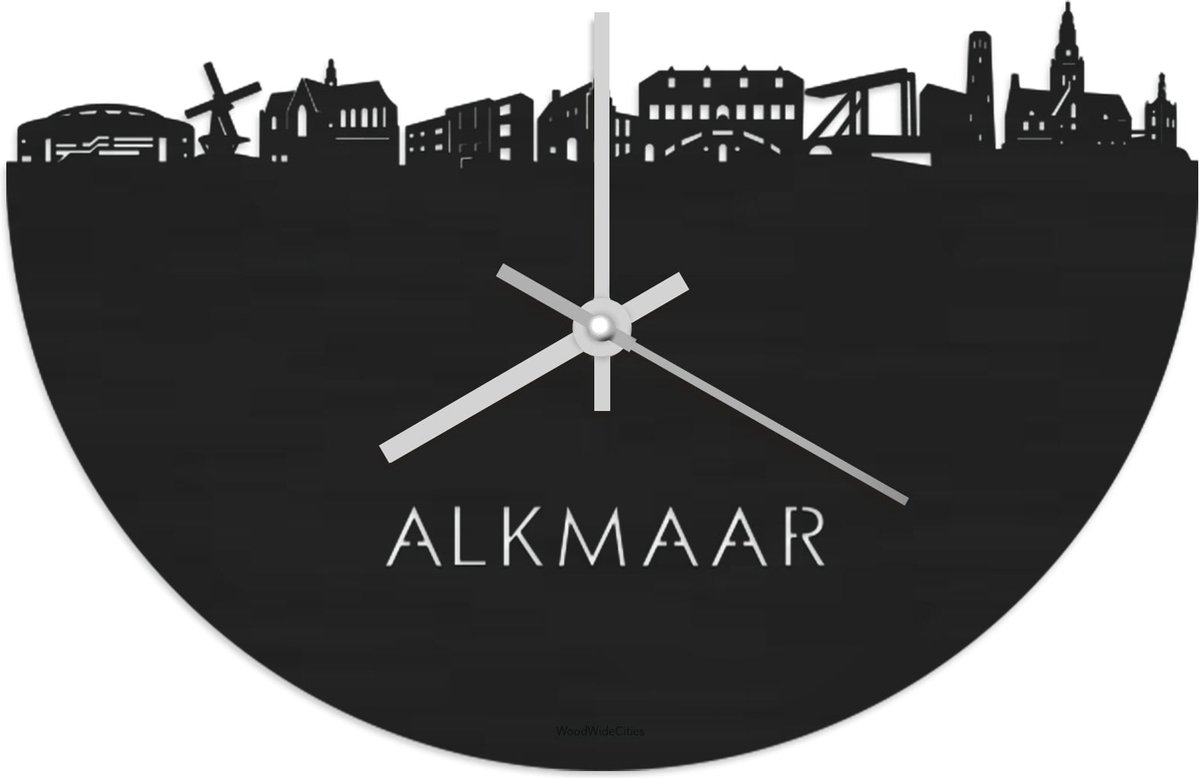 Skyline Klok Alkmaar Zwart hout - Ø 40 cm - Stil uurwerk - Wanddecoratie - Meer steden beschikbaar - Woonkamer idee - Woondecoratie - City Art - Steden kunst - Cadeau voor hem - Cadeau voor haar - Jubileum - Trouwerij - Housewarming - WoodWideCities