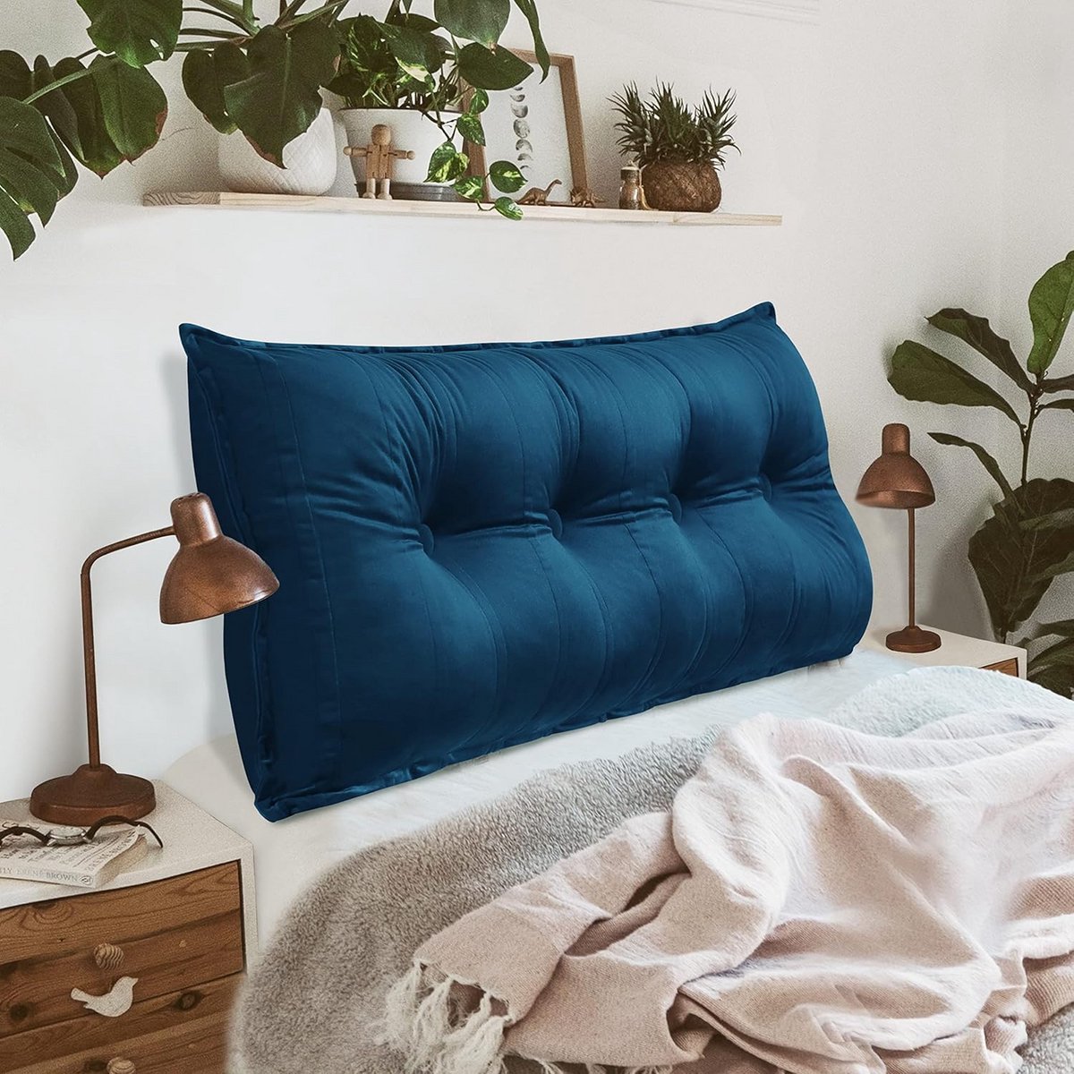 Groot Lendenkussen voor Bank en Bed - Zacht Fluweel Rugkussen met Neksteun - Donkerblauw