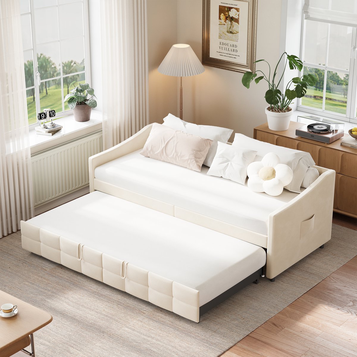 Beige Velours Daybed 90x200 met Lade, Diamond Stiksel & Opbergvakken – Slaapbank met Lattenbodem, Moderne Guestbed / Sofa Bed