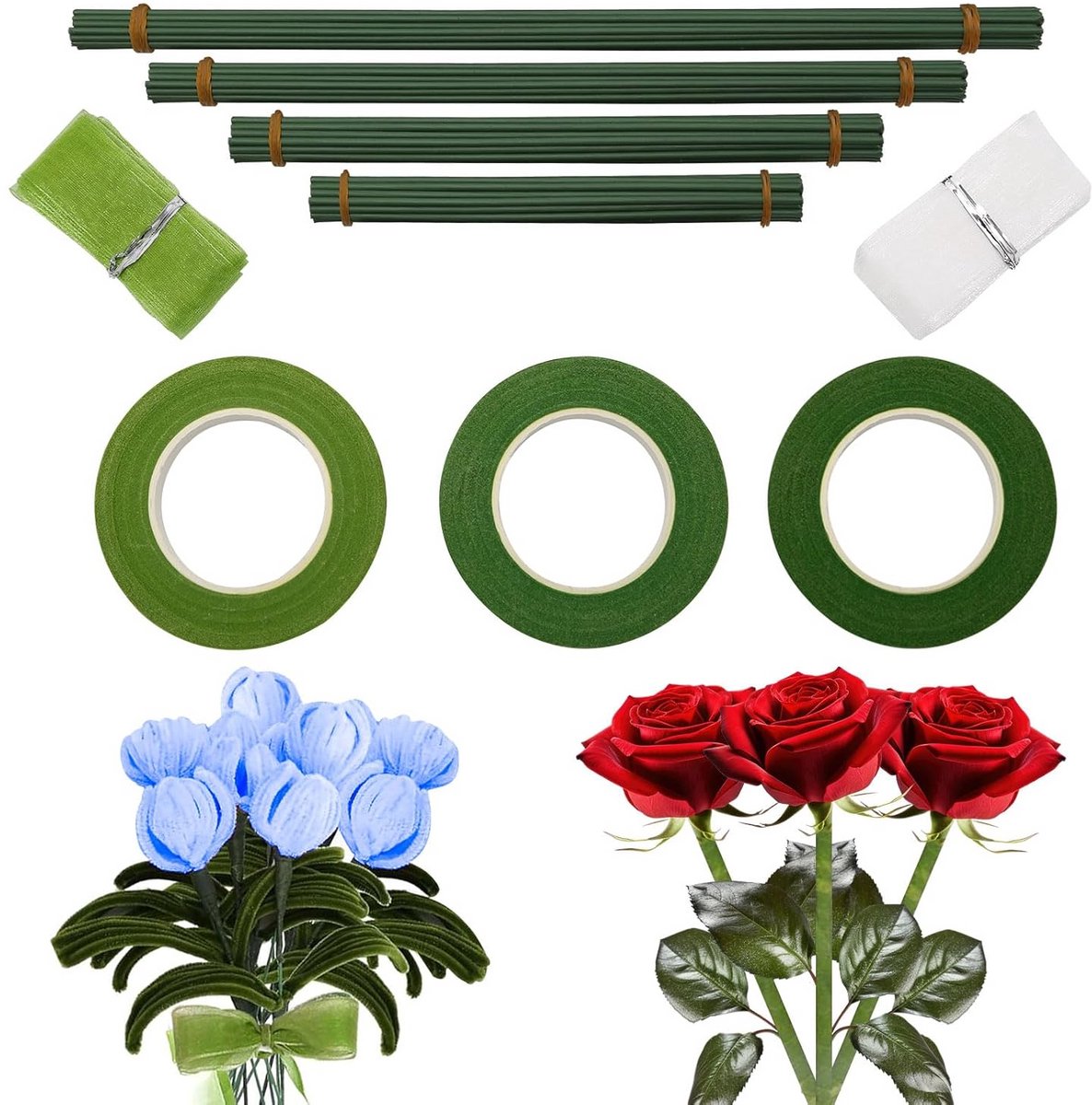 100x Groene Bloemendraad Set met Bloemistlinten voor Bloemschikken en Knutselen