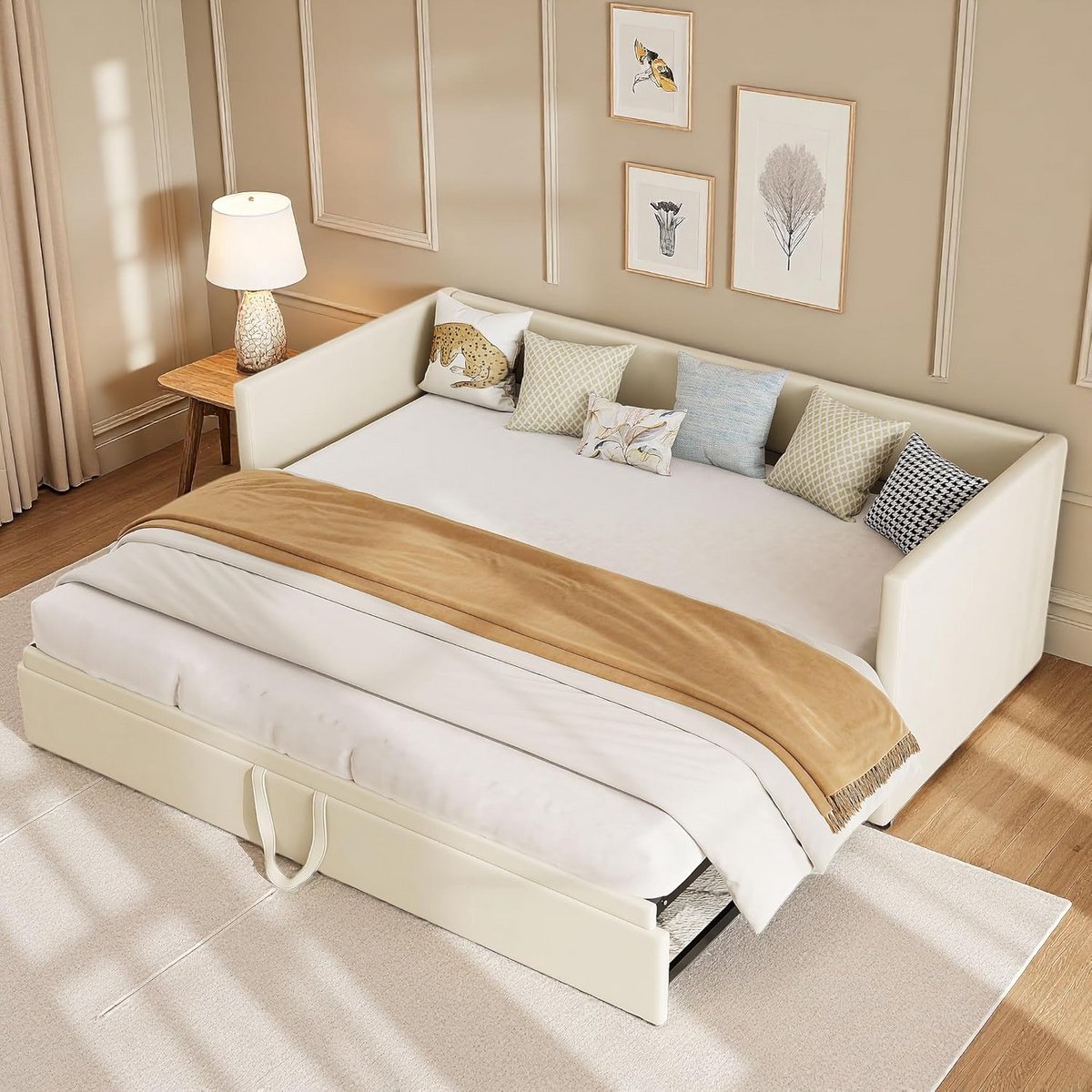 Uitschuifbaar Daybed Beige 90x200 naar 180x200 - Slaapbank Velvet met Lattenbodem