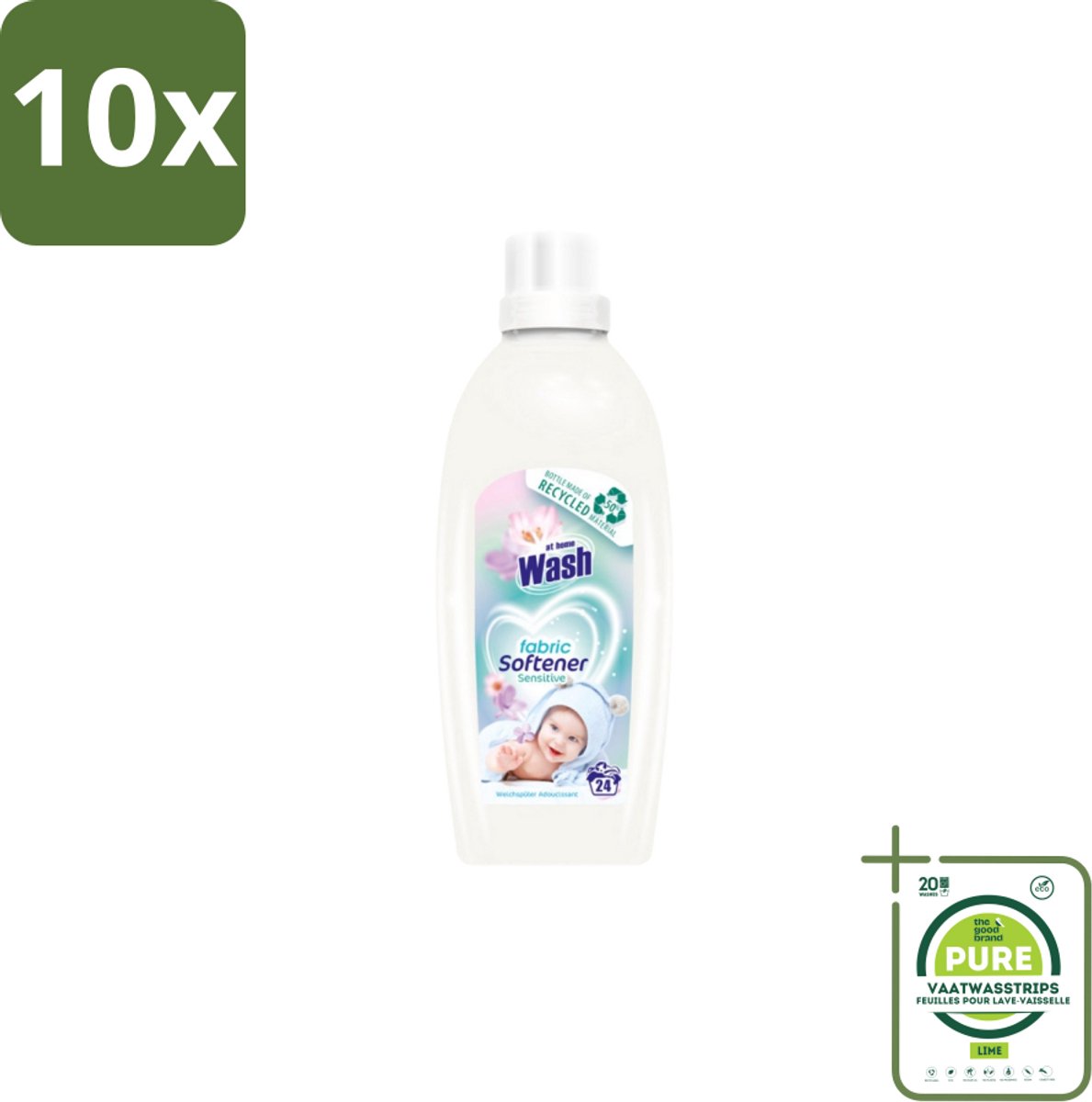 10 x At Home Wash – Wasverzachter Sensitive – Voor Babykleding – 750 ml - Grootverpakking - Wasverzachter Voor Babykleding - Wasverzachter Voor Gevoelige Huid - Hypoallergene Wasverzachter - Wasverzachter Voor Peuters - Wasverzachter Voor Kinderen