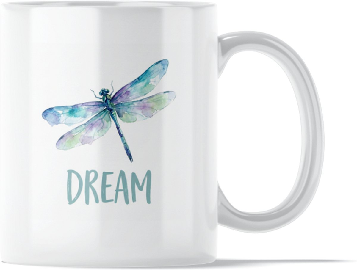"Aquarel Series" Mok: Dream Dragonfly - Dromerige Waterverf Mok met Sierlijke Libelle - Positieve Aanmoediging om Even te Dromen & te Relaxen - Dier staat Symbool voor Droom & Vrijheid - ValentijnsCadeau voor Haar: Collega Vriendin of Vrouw