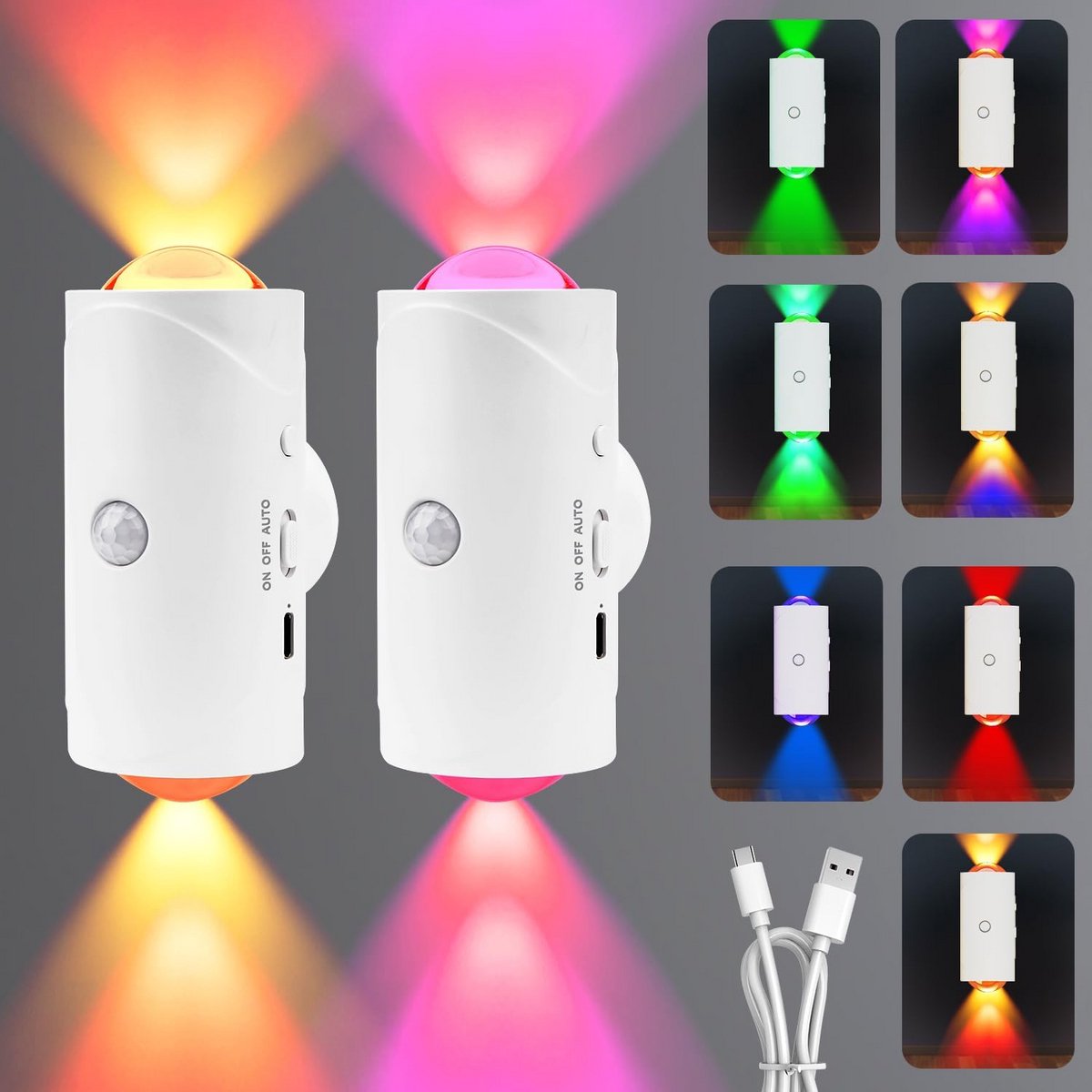 2x Oplaadbare Led Nachtlampjes met Bewegingssensor en Kleurwisseling - Draadloos