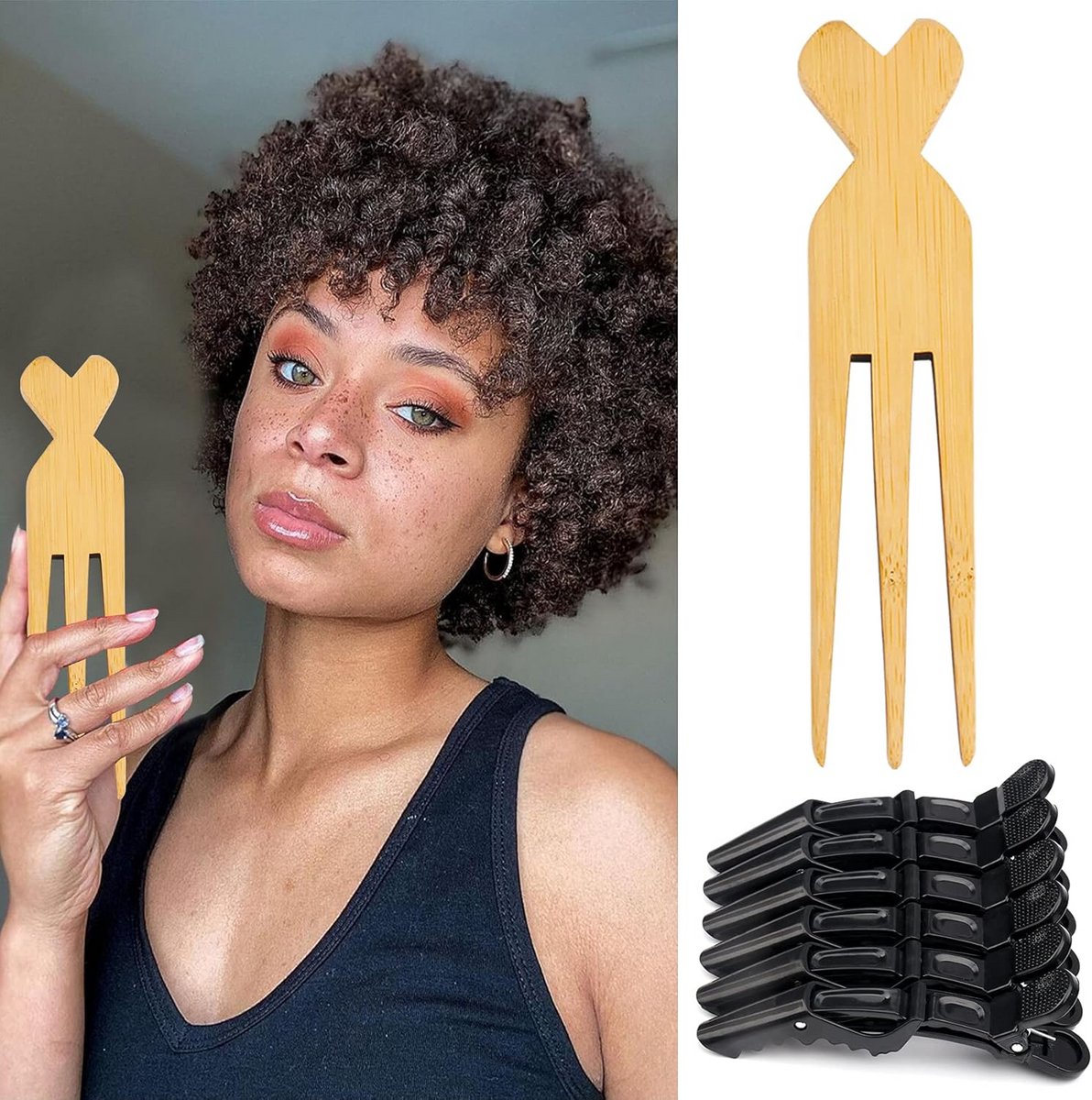 Set van 6 Houten Afro Kammen met Brede Tanden en Krokodillenklemmen voor Vlechten en Styling