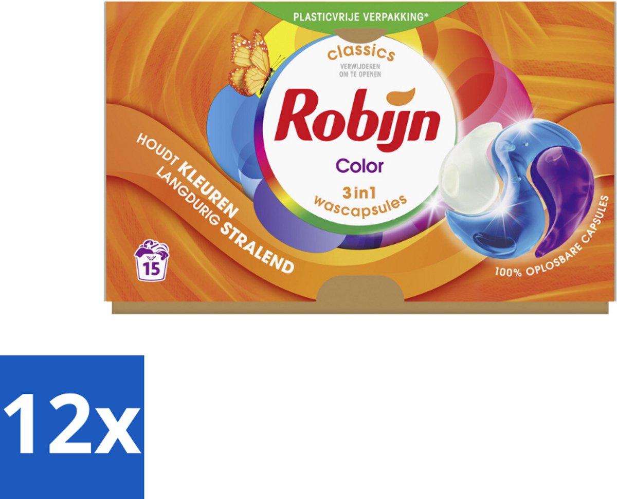 12 x Robijn Wascapsules 3-in-1 Color 15 stuks per verpakking - Kleurbehoud - Wascapsules - Wasverzachter - Biologisch Afbreekbaar - Frisse Geur
