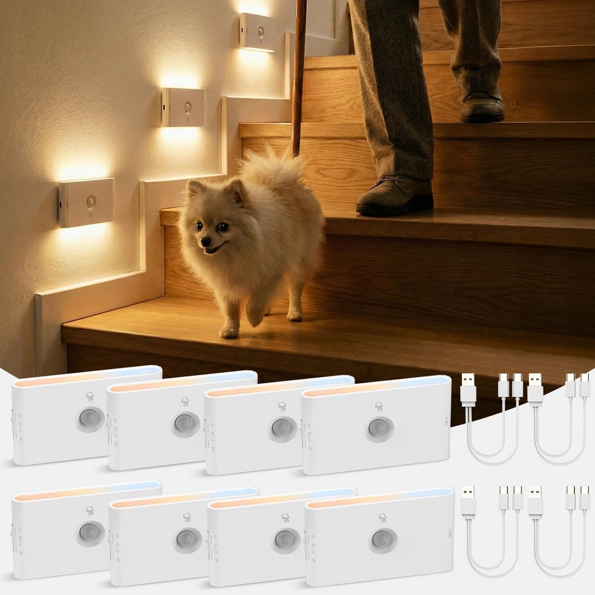 Set van 8 Oplaadbare LED Nachtlampjes met Bewegingsmelder en Schemersensor - Drie Kleurmodi