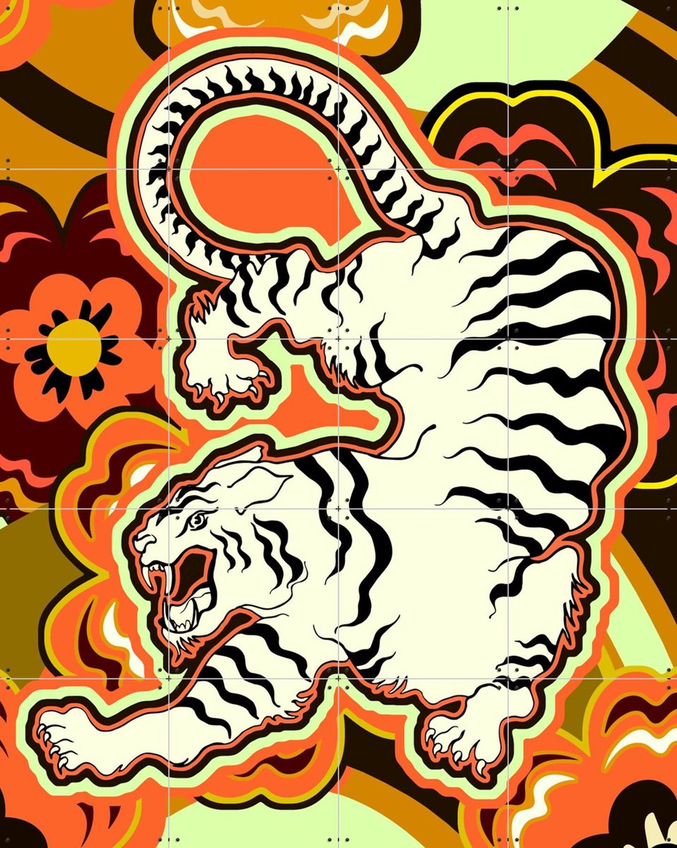 IXXI White Tiger Japanese Flowers Ochre Orange, Marylène Madou - 80 x 100 cm - Gratis ophangtool - Grote wanddecoratie en posters - Illustraties