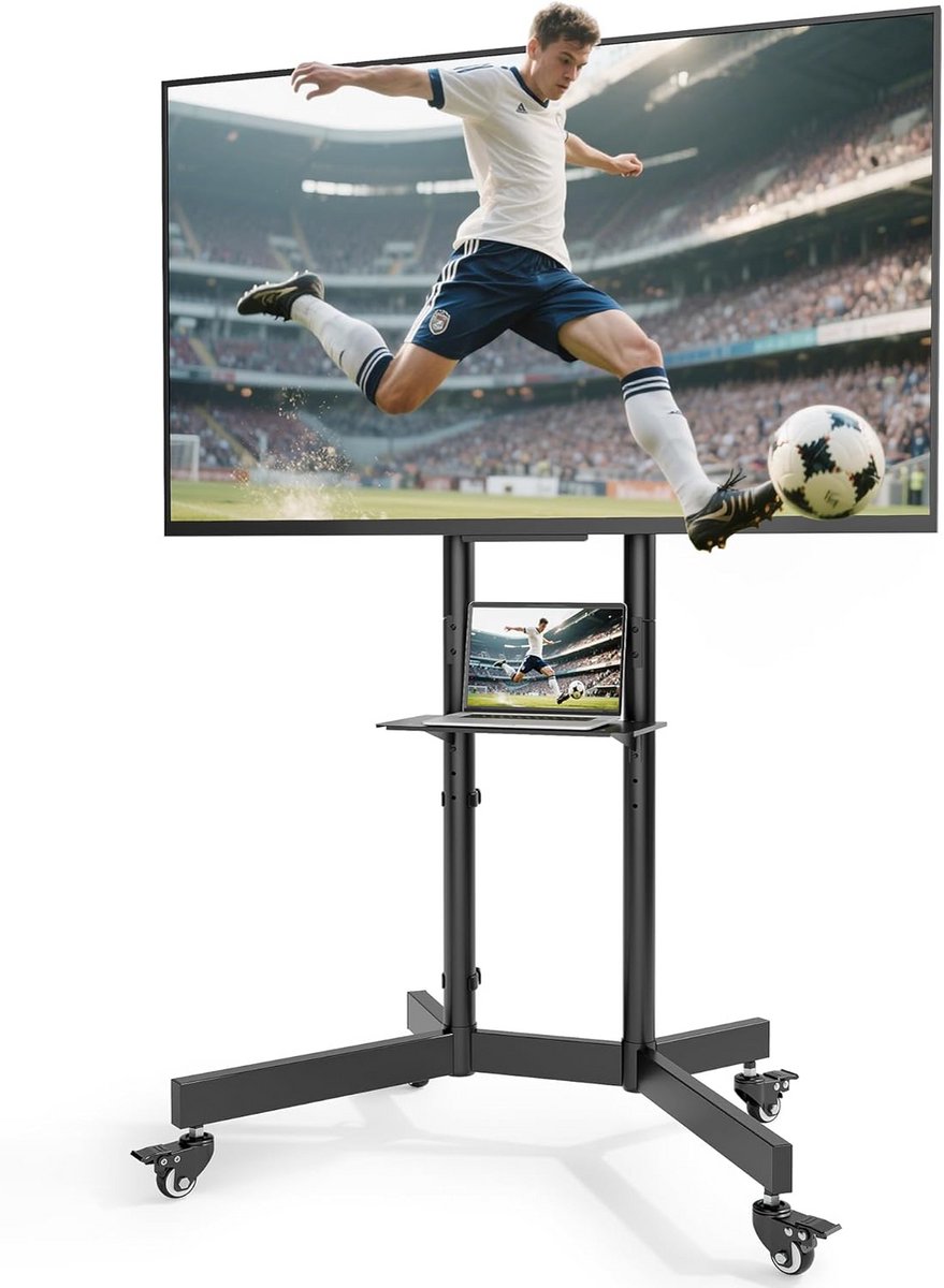 Verrijdbare TV Standaard In Hoogte Verstelbaar voor 32-86 Inch Schermen tot 80kg met Plank en Blokkeerbare Wielen