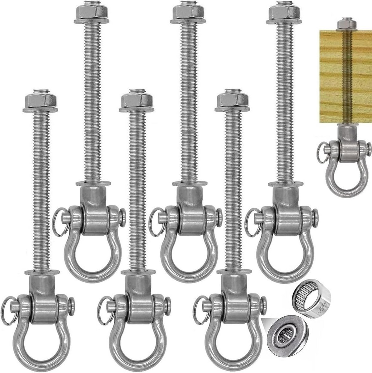 6x Schommelbevestiging met Lagers - RVS Ophanghaken voor Houten Balken & Plafond - Draagvermogen 675kg