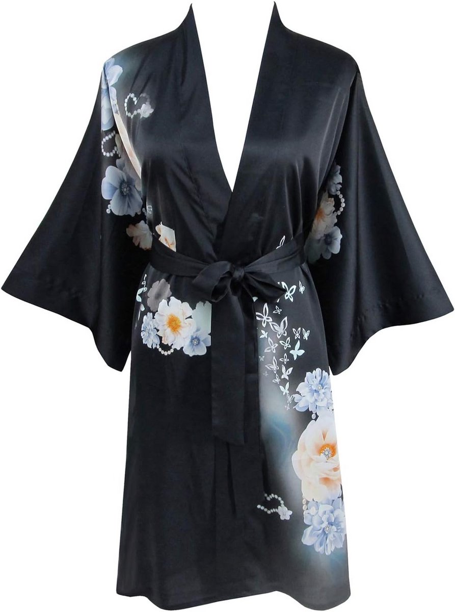 Korte Kimono Badjas Dames Klassiek Bloemendessin Nachtjapon Zwart
