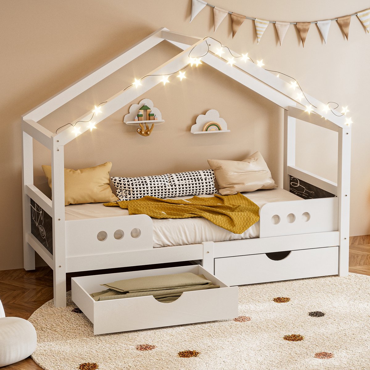 MIVRAY Kinderbed 90x200 Cm Zonder Matras - Dakvorm Met Krijtbord Hoofdbord En 2 Grote Lades - Stevig Houten Frame Tot 120 Kg - Wit