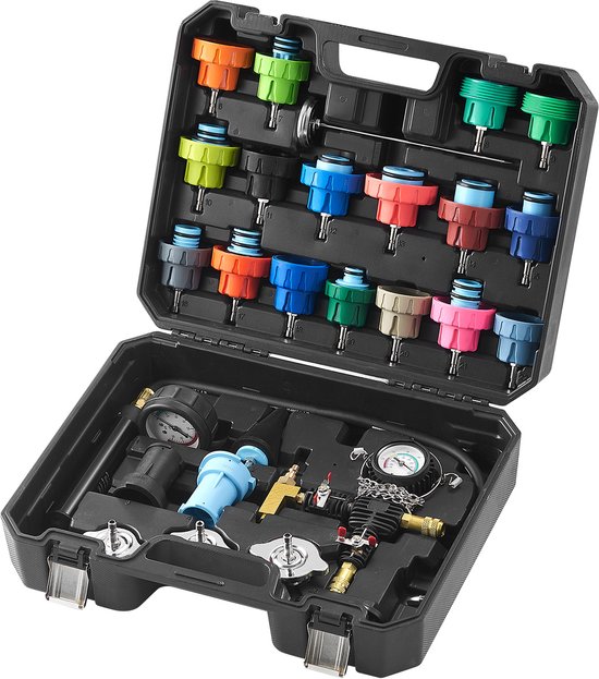 Zwarte Vevor koffer open, met diverse gekleurde radiator adapters en een drukmeter set.