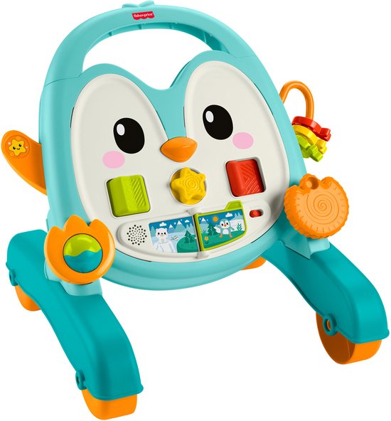 Turkoois pinguïn loopwagentje met oranje wielen en speelelementen.