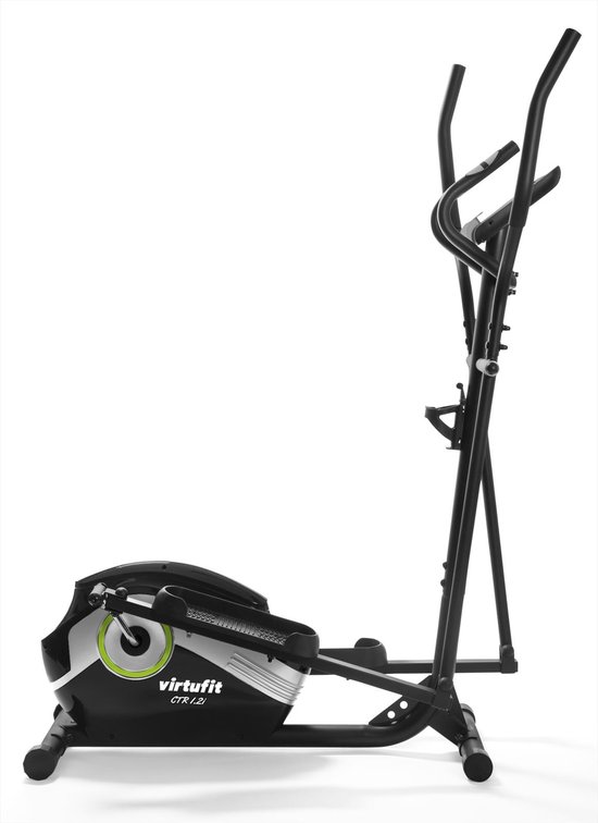 Zwarte crosstrainer met groene accenten en VirtuFit logo, op witte achtergrond.