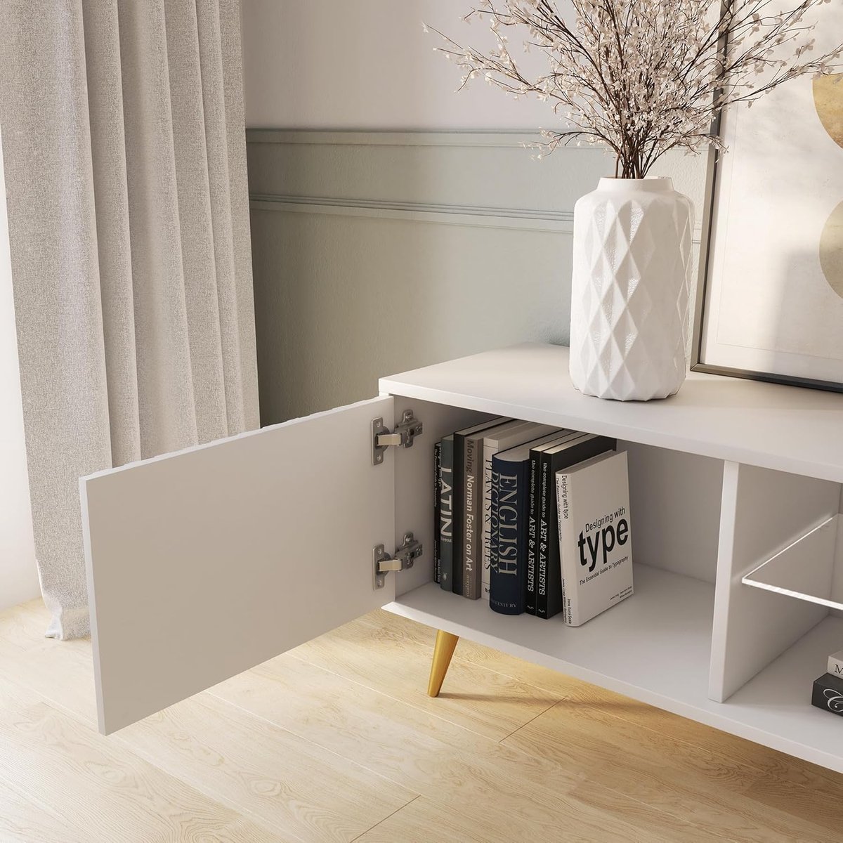 TV-meubel met lamellen – Urbanhome Bello Luxe TV-kast 135 cm – Wit met gouden poten – Modern sideboard voor woonkamer