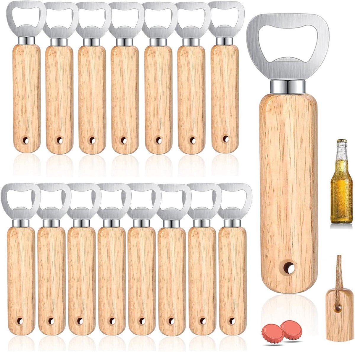 Flesopener met houten handvat voor thuis, keuken en bar - Set van 16 stuks