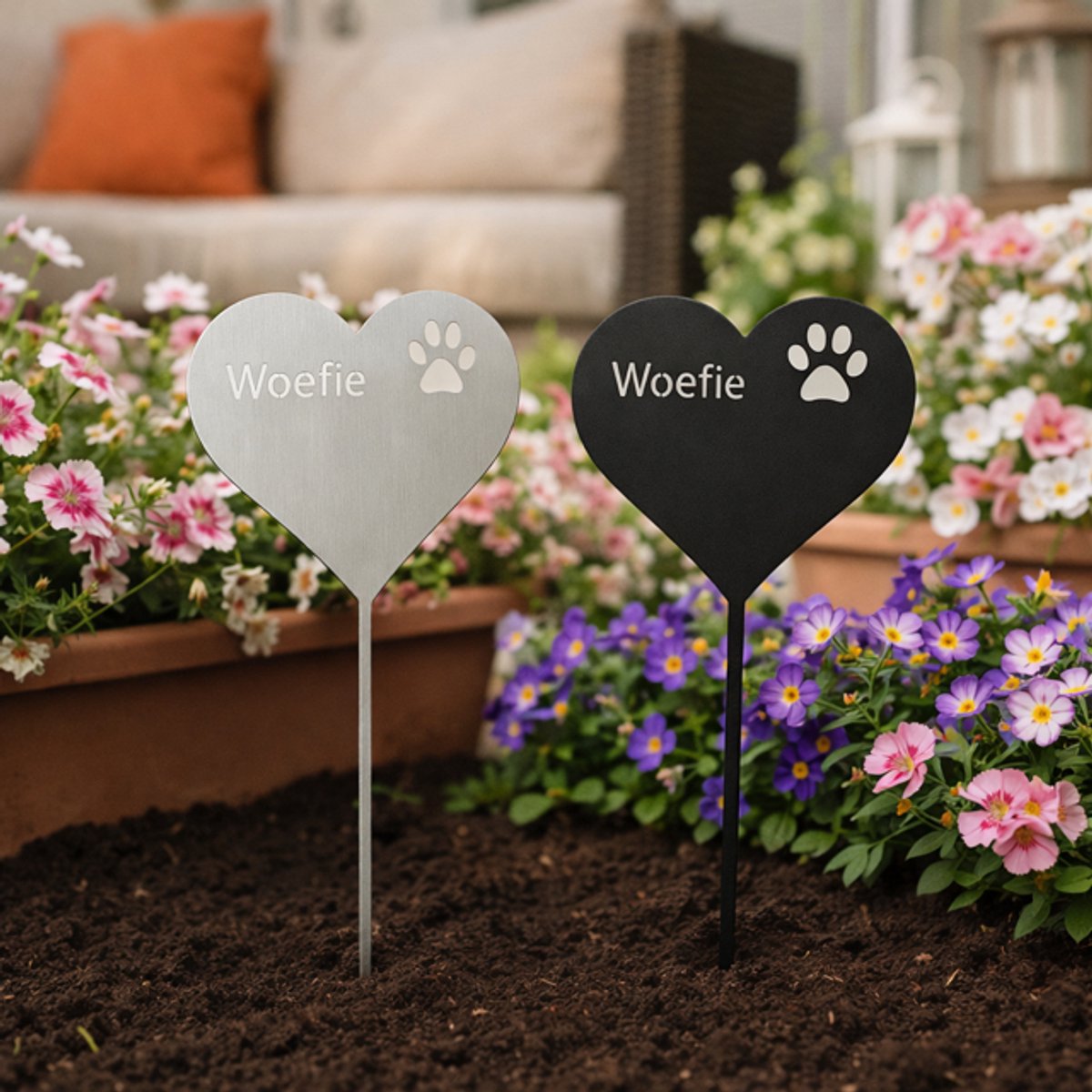 Herdenking Ornament-Ornament Gedenk Tuinsteker Huisdier- Herdenking artikel- Hart met Pootafdruk- Gepersonaliseerd met naam- Hond of kat- Zwart of Zilver- 38cm -