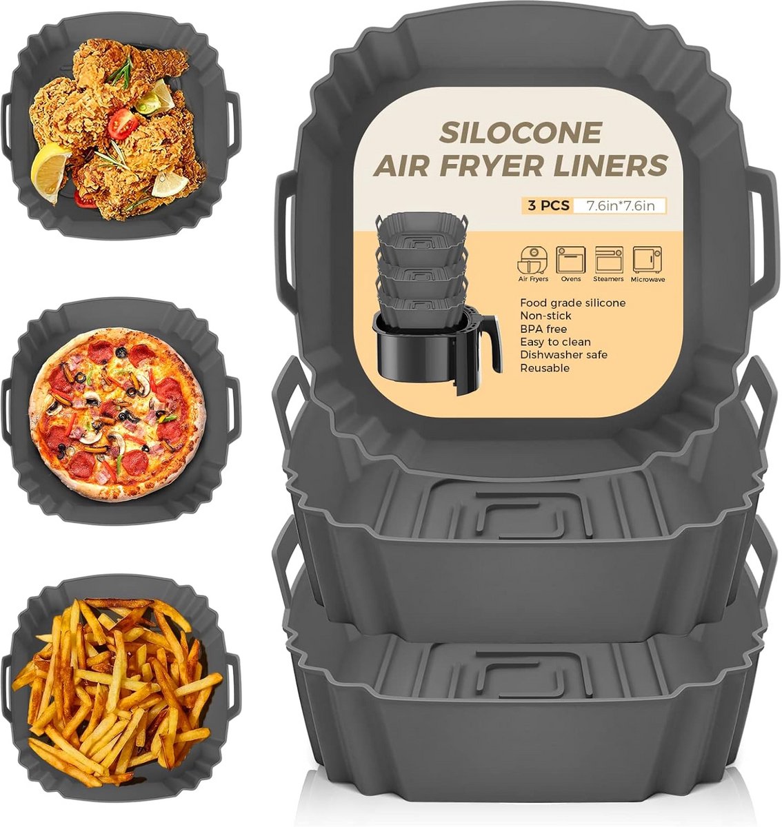 3 stuks Herbruikbare Siliconen Vormen voor Airfryer Mand - Anti-Aanbak & Gemakkelijk Schoonmaken