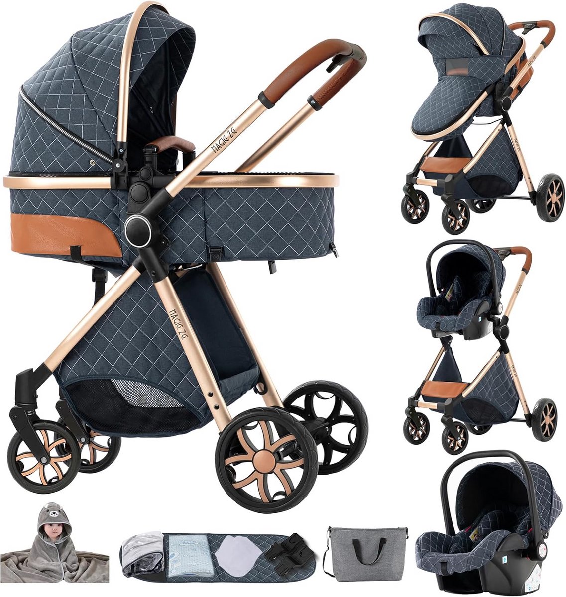 3-in-1 Kinderwagen Reissysteem: Buggy met Omkeerbare Duwstang en Lichtgewicht Frame